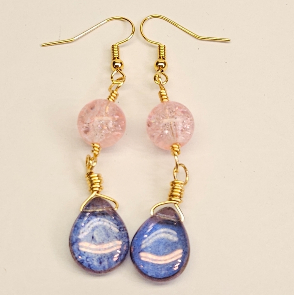 Pink Crackle and Blue Tear Drop Beaded Dangle Earrings